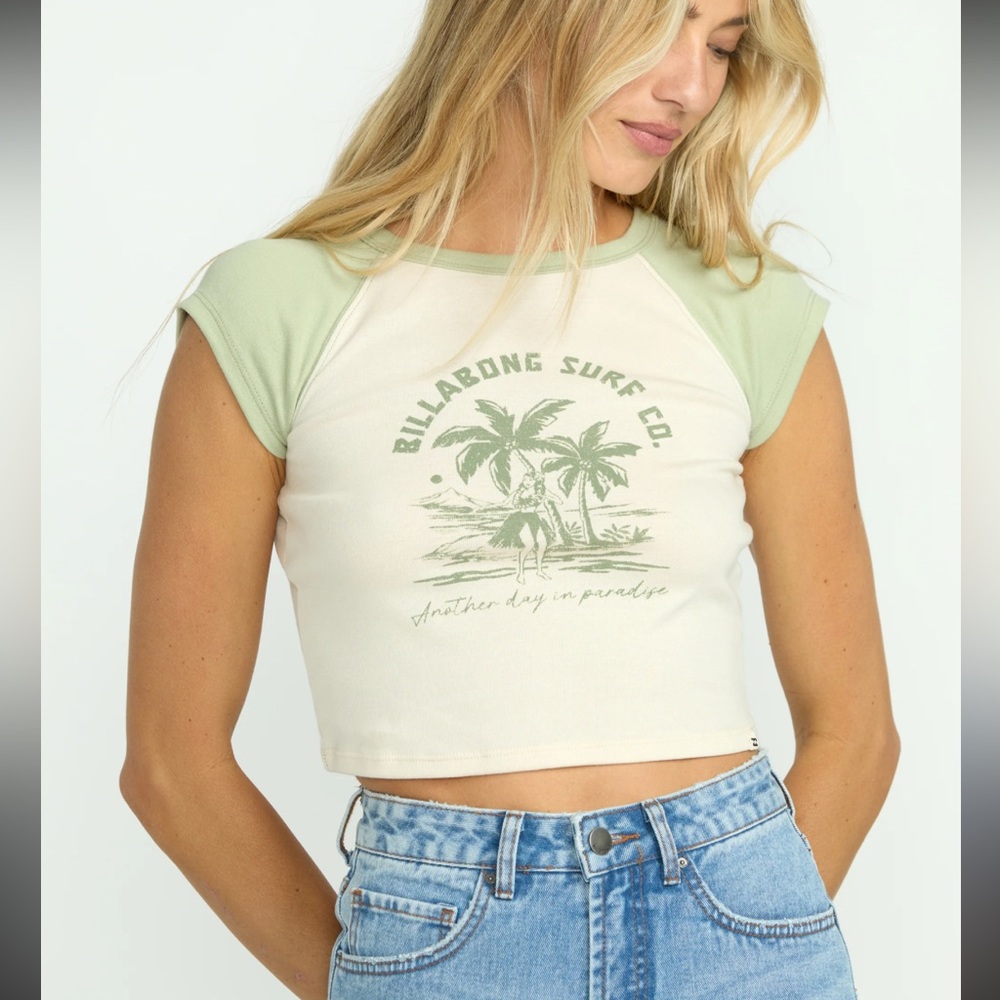 Billabong Surf Co Green and Cream Crop Top